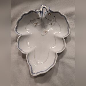 Vintage Leaf Shaped White Porcelain Pottery Dish Candy Fruit Serving Plate  Bowl